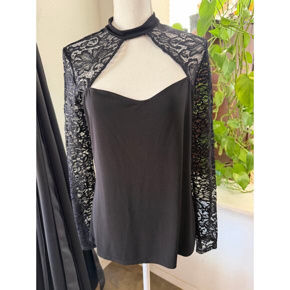 Express Black Lace Long Sleeve Mock Neck Blouse – Size L - Picture 2 of 4